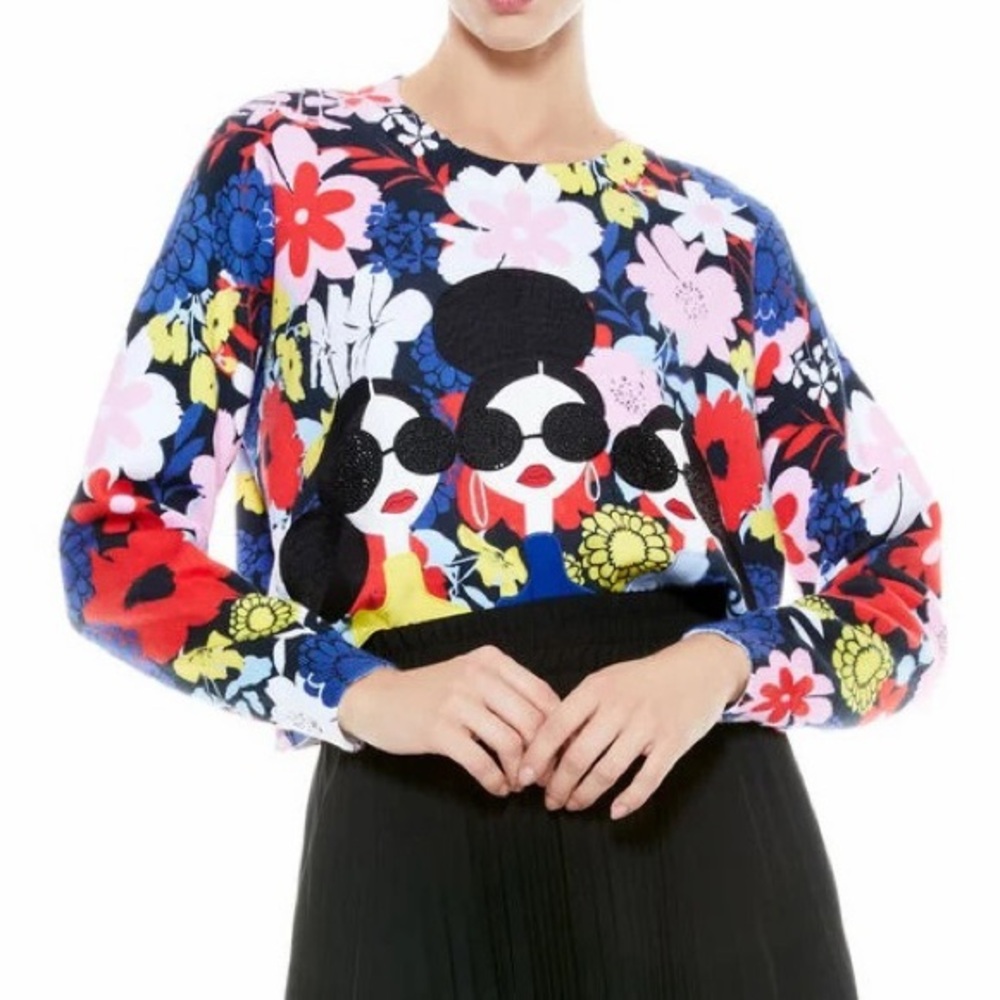 Alice + Olivia Nyla Doll Gleeson Sweater Stace Face Hawaiian Blue Floral S